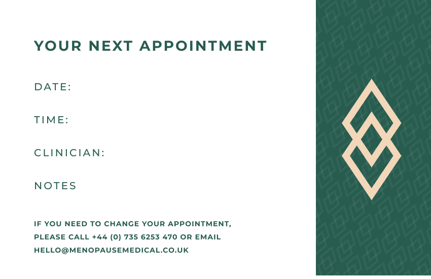 Medical Menopause appointment card back